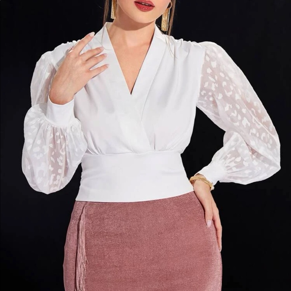 Elegant Classic Office Work White Sheer Leopard Print Bishop Sleeve Top Blouse - Picture 1 of 5